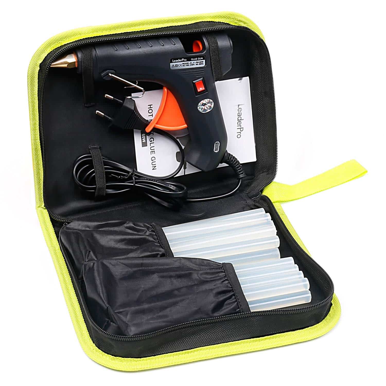 Pistolet électrique à colle chaude 60W avec sa trousse à outils. Livrée avec 20 bâtons de colle de 190mm*11mm. Idéal pour bricolage, réparation et loisir créatif DIY. Coloris Noir, Marque : Leaderpro.