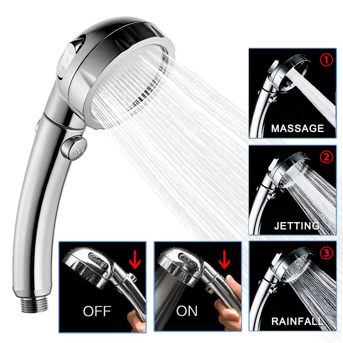 Pommeau de Douche, Douchette Universelle 3 Modes de Douche à Main Douchette Économie d’Eau Douche avec Arrêt Tête de Douche Amovible Chromé Douche de Salle Bain JAANY