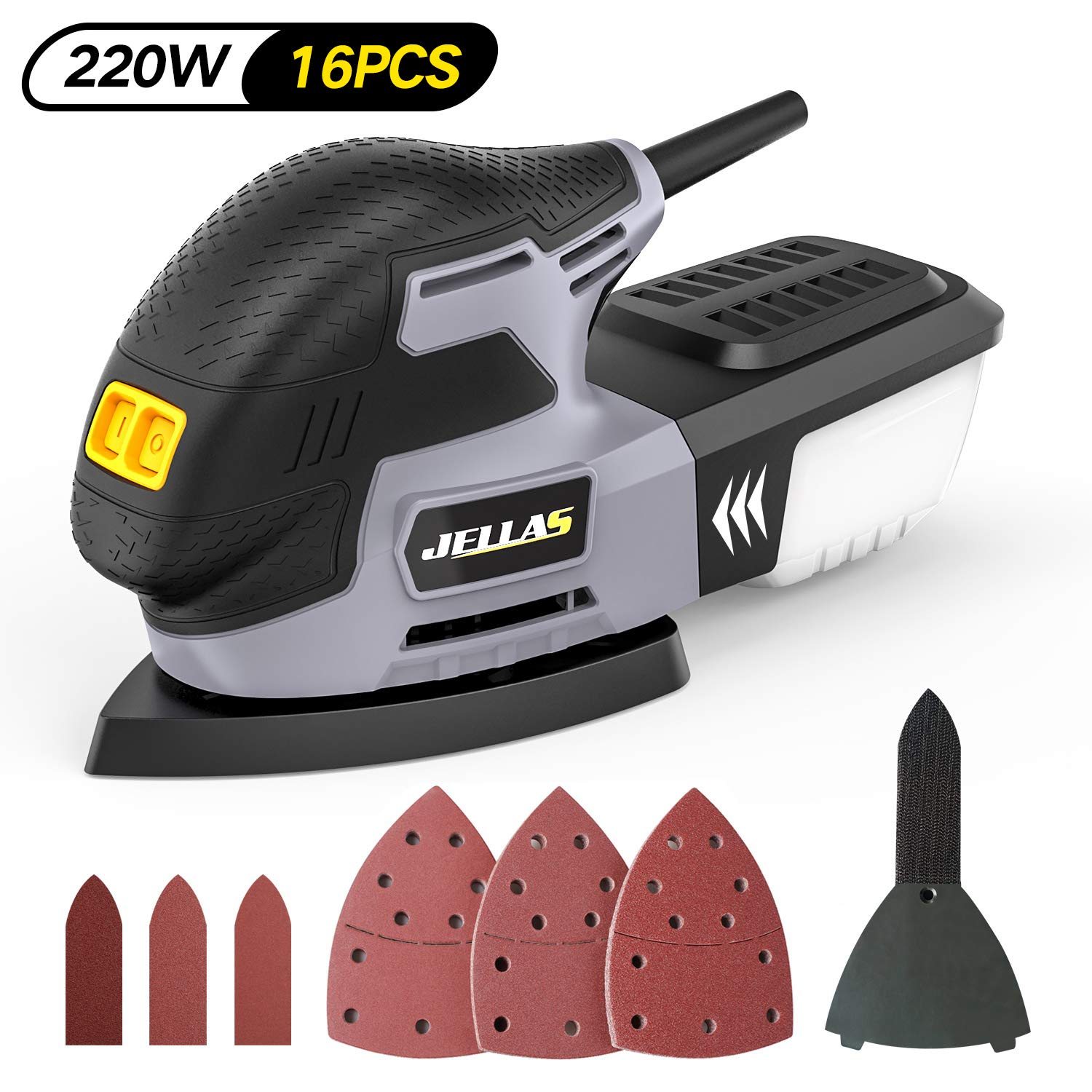 Ponceuse Vibrante 220W – JELLAS 13000 tours minute Ponceuse Triangulaire avec Ramassage de la Poussière, Papiers Abrasifs 16PCS, Fixation à Doigts et Patin de Ponçage Inclus