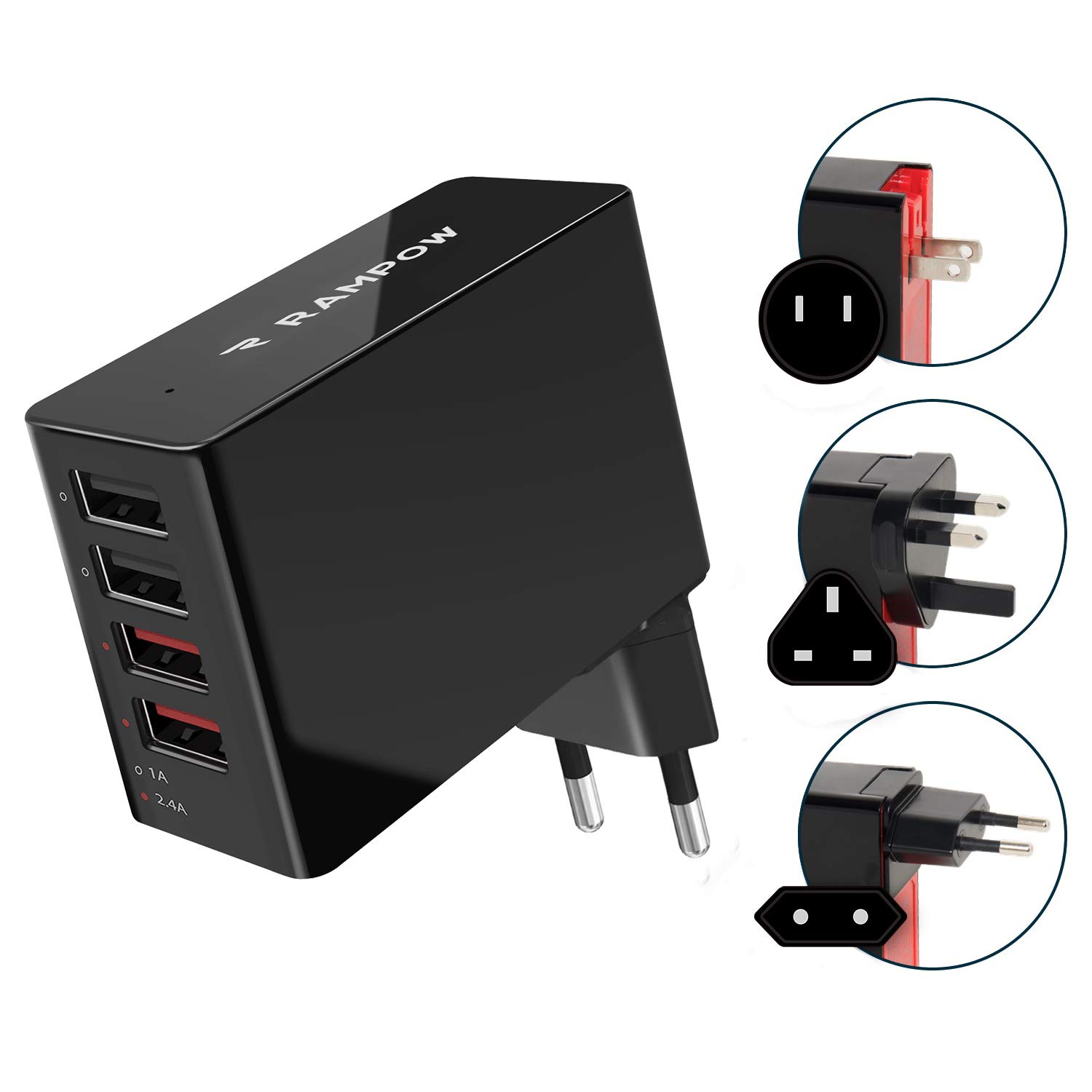 Chargeur rapide pour iPhone, iPad, Samsung. 4 Ports USB (34W/6.8A), Garantie à vie. Adaptateur prise électrique tous pays. Couleur Noir