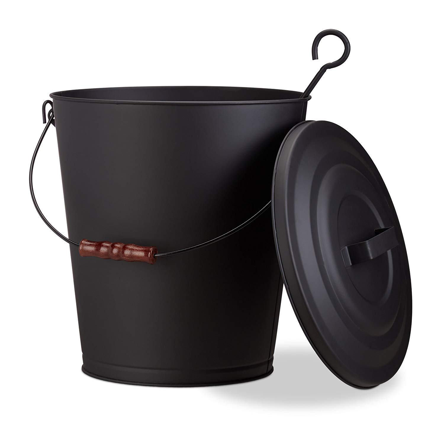 Relaxdays Seau à cendres avec couvercle, seau de charbon en acier, cendrier anse bois 24 litres, noir