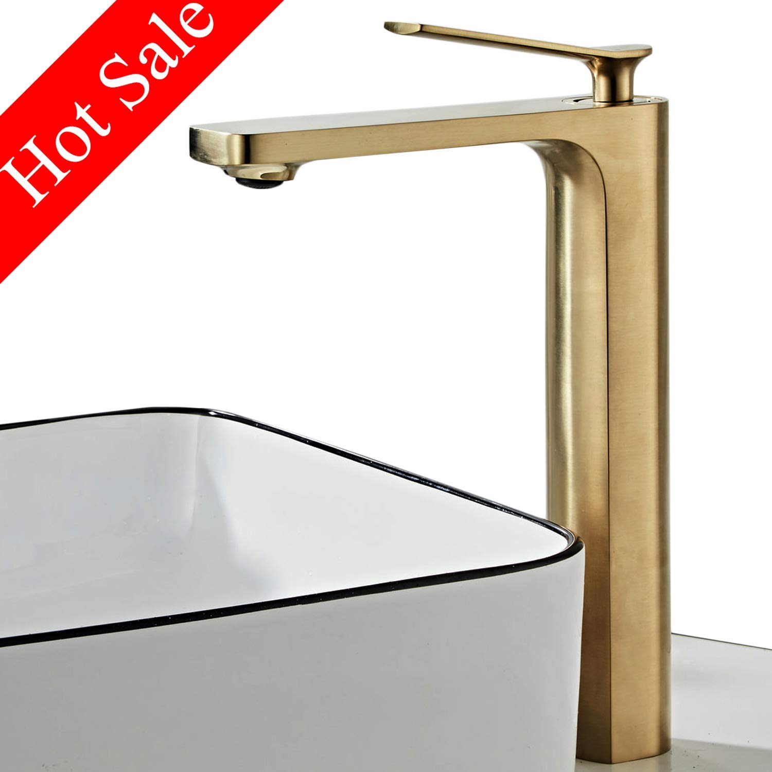 Robinet Lavabo Bec Haut Mitigeur Monotrou Salle de Bain à Monocommande Robinetterie Vasque à Poser sur Table en Laiton Or Brossé