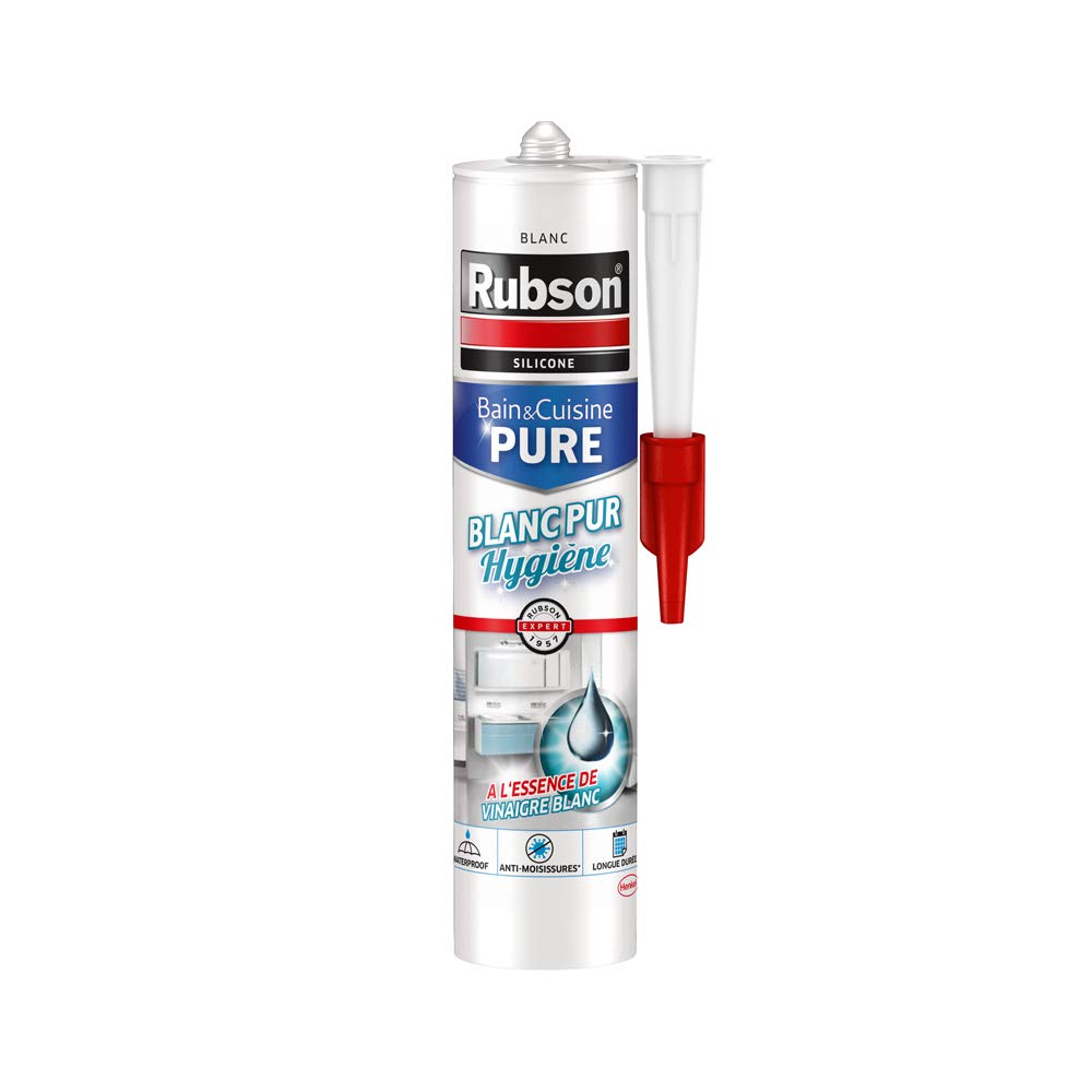 Rubson Mastic Bain & Cuisine Blanc Pur Hygiène, mastic étanche et anti-moisissures à base de silicone, mastic sanitaire blancheur longue durée, 280 ml