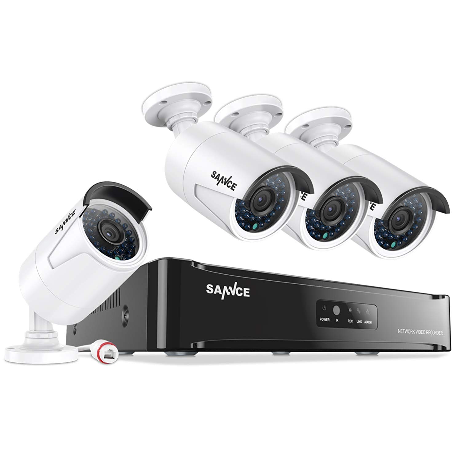 SANNCE 4CH 1080P HD PoE NVR Système de Surveillance, 4 IP caméra de Sécurité Intérieur/Extérieur Etanche 1080P 2MP Accès à distance via Smartphone/PC,Sans HDD