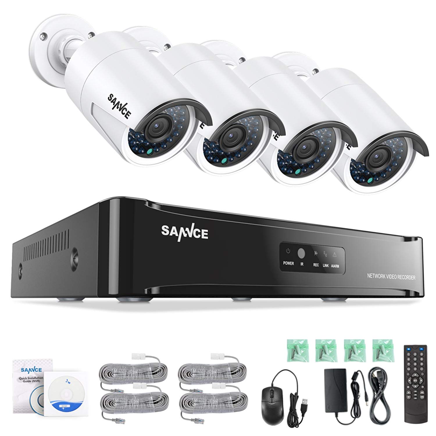 SANNCE Kit Système de Surveillance 4CH 1080P PoE NVR sans HDD avec 4 Caméra IP de sécurité Intérieur/Extérieur Etanche 2MP Haute Résolution,Accès à Distance Via Smartphone/PC