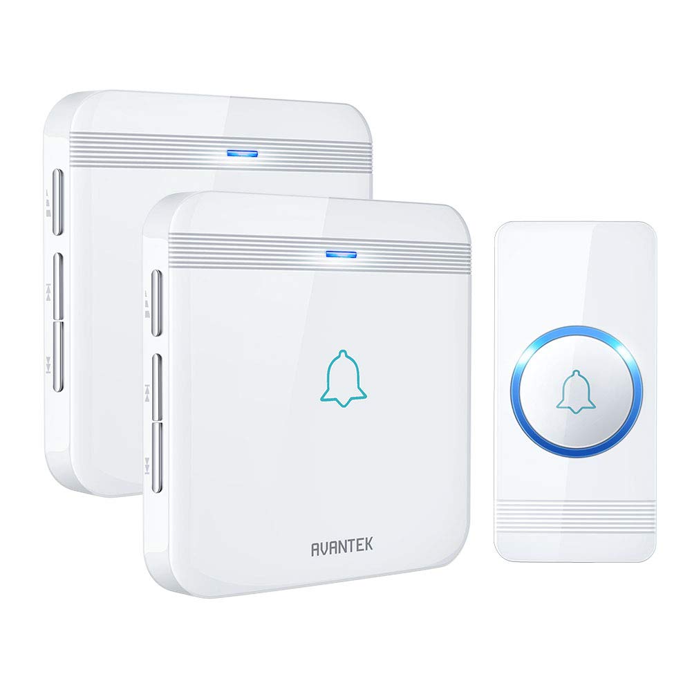 Sonnette Sans Fil AVANTEK D-3W 400m Sonnette de Porte Étanche Kit de Carillon Electronique avec 2 Récepteurs Enfichables, 52 Mélodies pour Maison, Bureau, Hôtel, etc (Blanc)