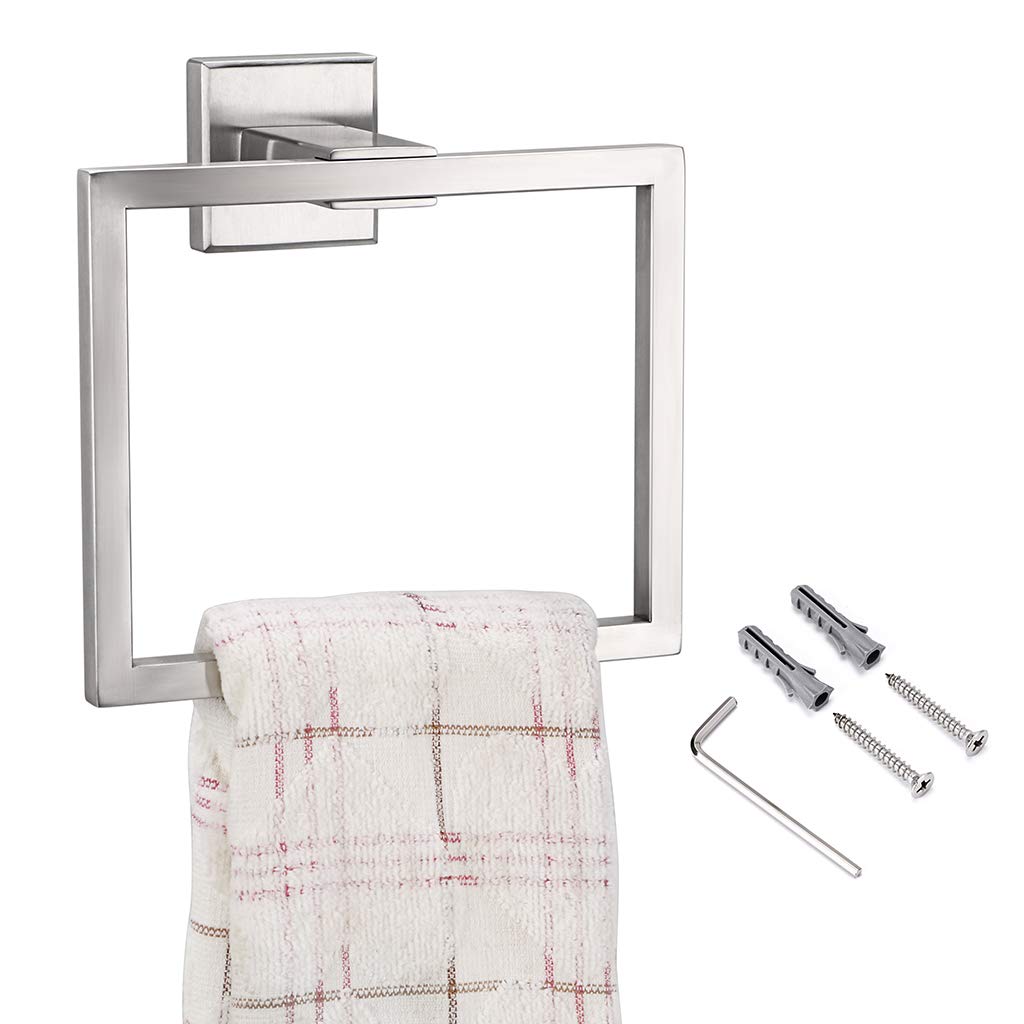 Anneau de porte serviette mural. Carré, en acier inox. Dimensions : 13cm*16cm. Couleur argent