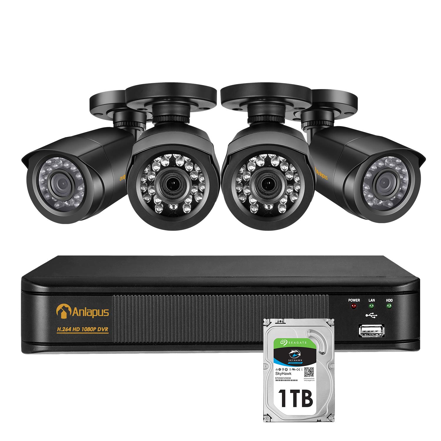 Système de sécurité Anlapus. 4 caméras de surveillance avec enregistreur 1080p. Disque dur 1 To, 24 leds IR étanche 20M de vision nocturne. Détecteur de mouvement, alerte par mail.
