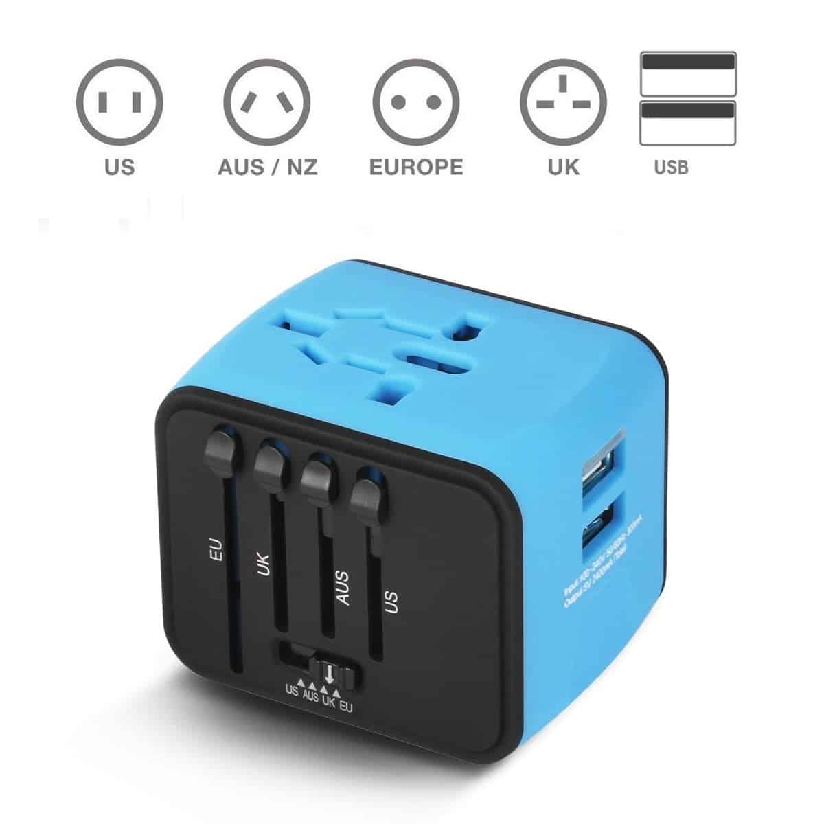 TBS®2309 Adaptateur de Voyage International pour Prises + Chargeur 2 Ports UBS (2,4 A) – Fusible Extractible – Europe Etat-Unis Grande-Bretagne Australie NZ Japon + de 150 Pays