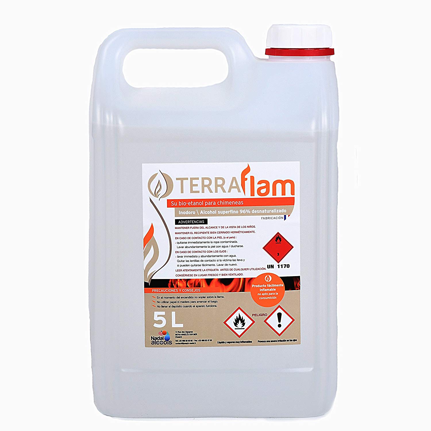 Terraflam Lot de 2 bidons de bioéthanol pour lampes et cheminées Combustion de grande qualité Ne génère pas de fumée ni d’odeurs Transparent 5 l