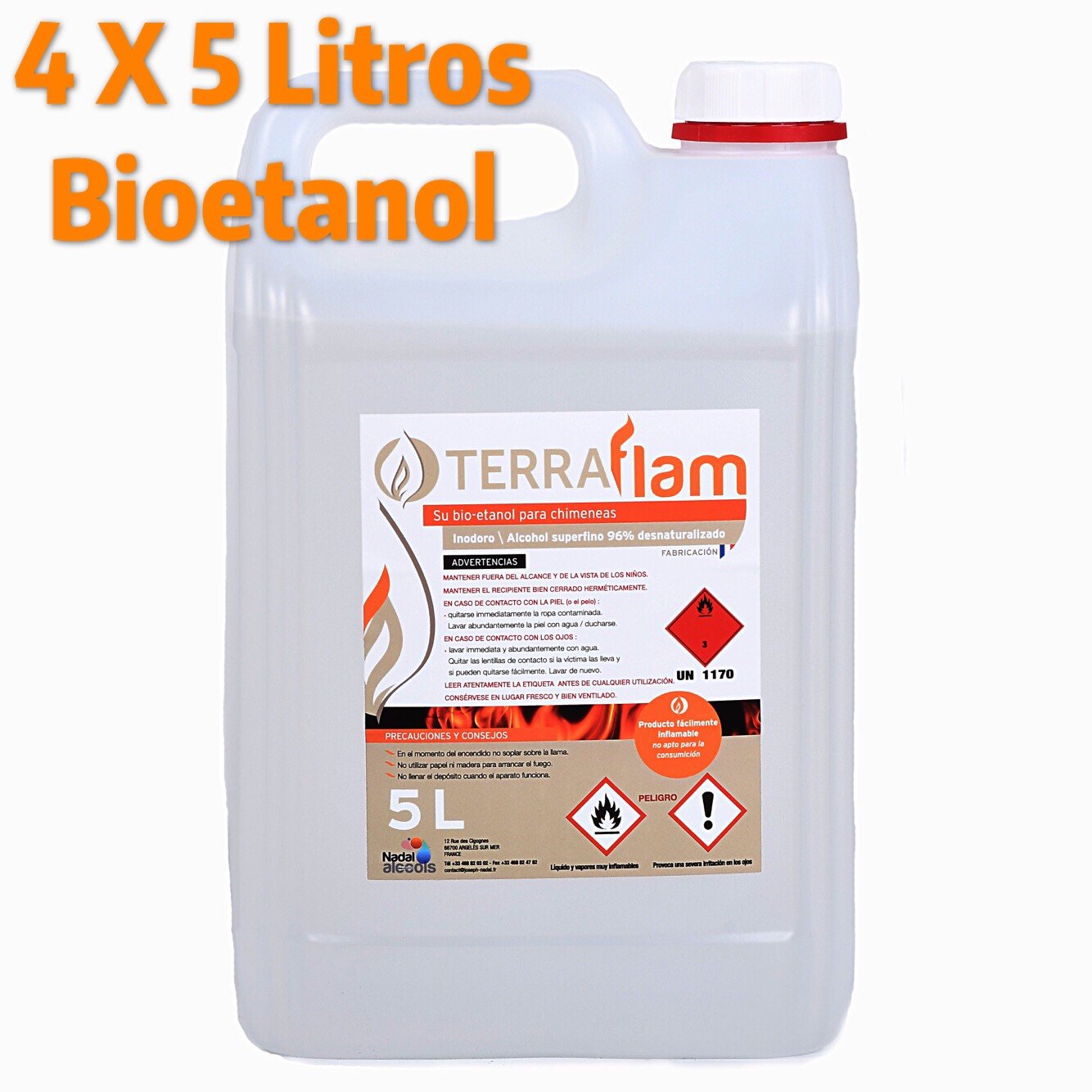 Terraflam Lot de 4 bidons de bioéthanol pour lampes et cheminées – Combustion de grande qualité – Ne génère pas de fumée ni d’odeurs – Transparent – 5L