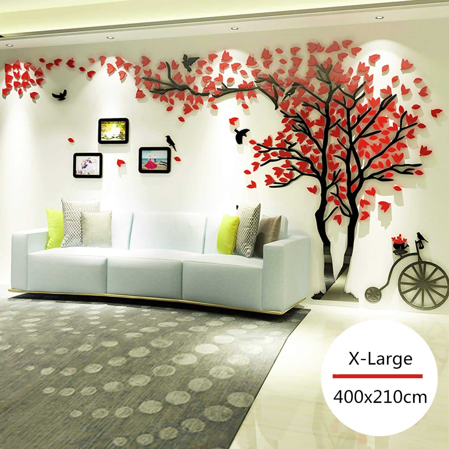 Topmail 3D Arbre Stickers Muraux avec Cadres Photos Autocollants Muraux Amovibles en Acrylique avec des Oiseaux Décoration Murale pour Chambre Enfants Salon, Feuilles Rouges, Droite XL