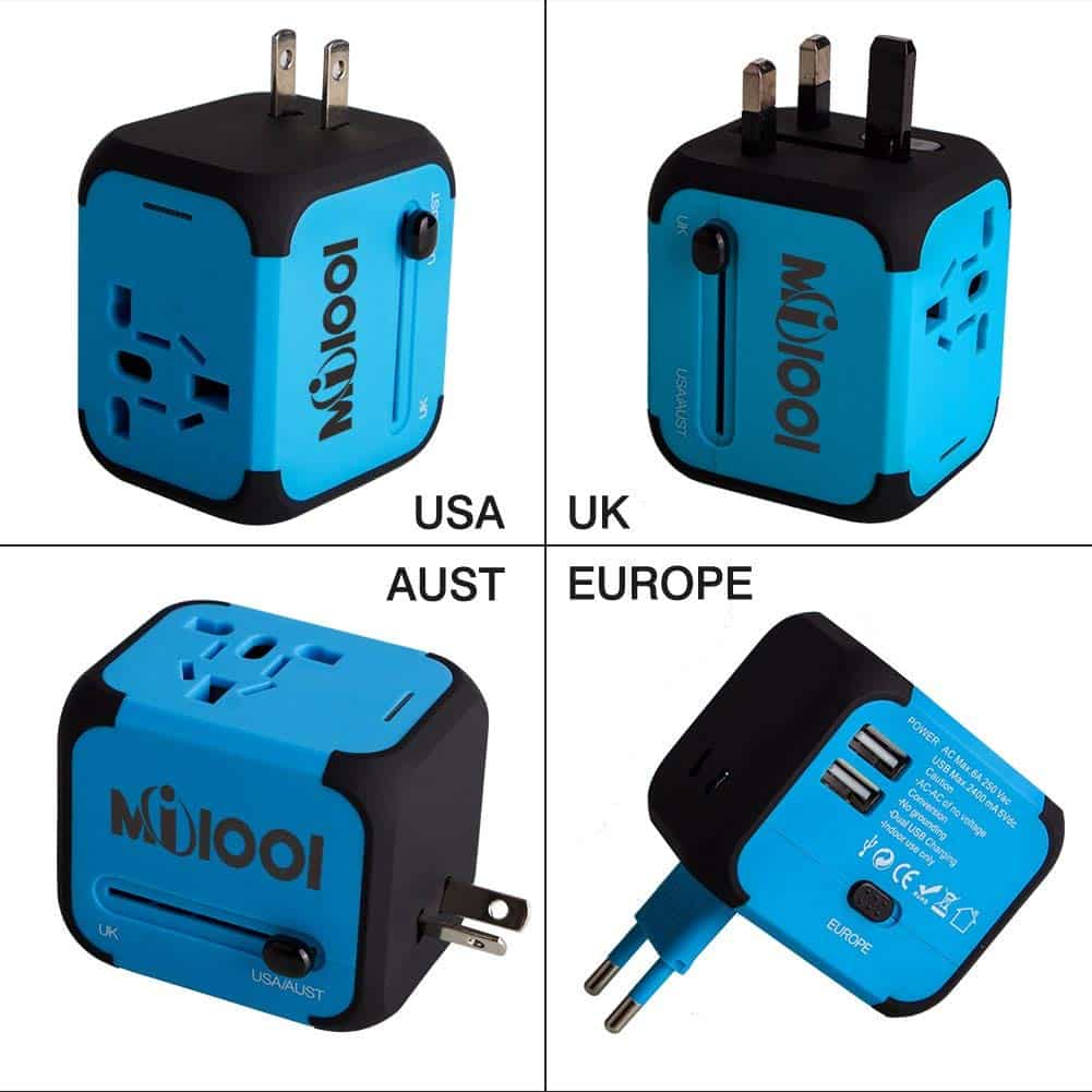 Adaptateur de Voyage avec 2 USB Adaptateur Universel Pris de Courant pour UE/US/UK/AUS Utilisé dans Plus de 150 Pays Adaptateur Chargeur avec Deux fusible(fusible de Rechange)-Bleu-MILOOL