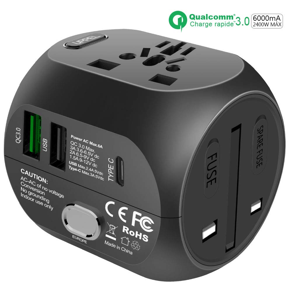 Adaptateur de Voyage Universel avec Charge Rapide Type c et USB QC3.0 (US/EU/UK/AU) Chargeur Tout-en-Un Chargeur Multifonction pour Plus de 180 Pays, 2 fusibles (fusible de Rechange) -Black