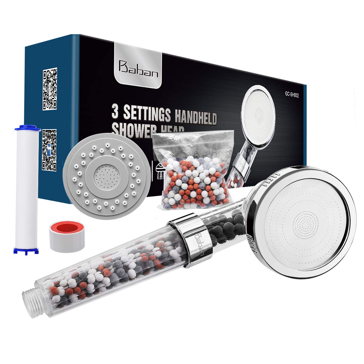Baban Pommeau de Douche Douchette Douche à Main 3 Voies avec Billes Minerales Lon Douchette à Haute Pression,Equipé de Coton Filtre PP Supplémentaire et de Panneaux Remplaçables
