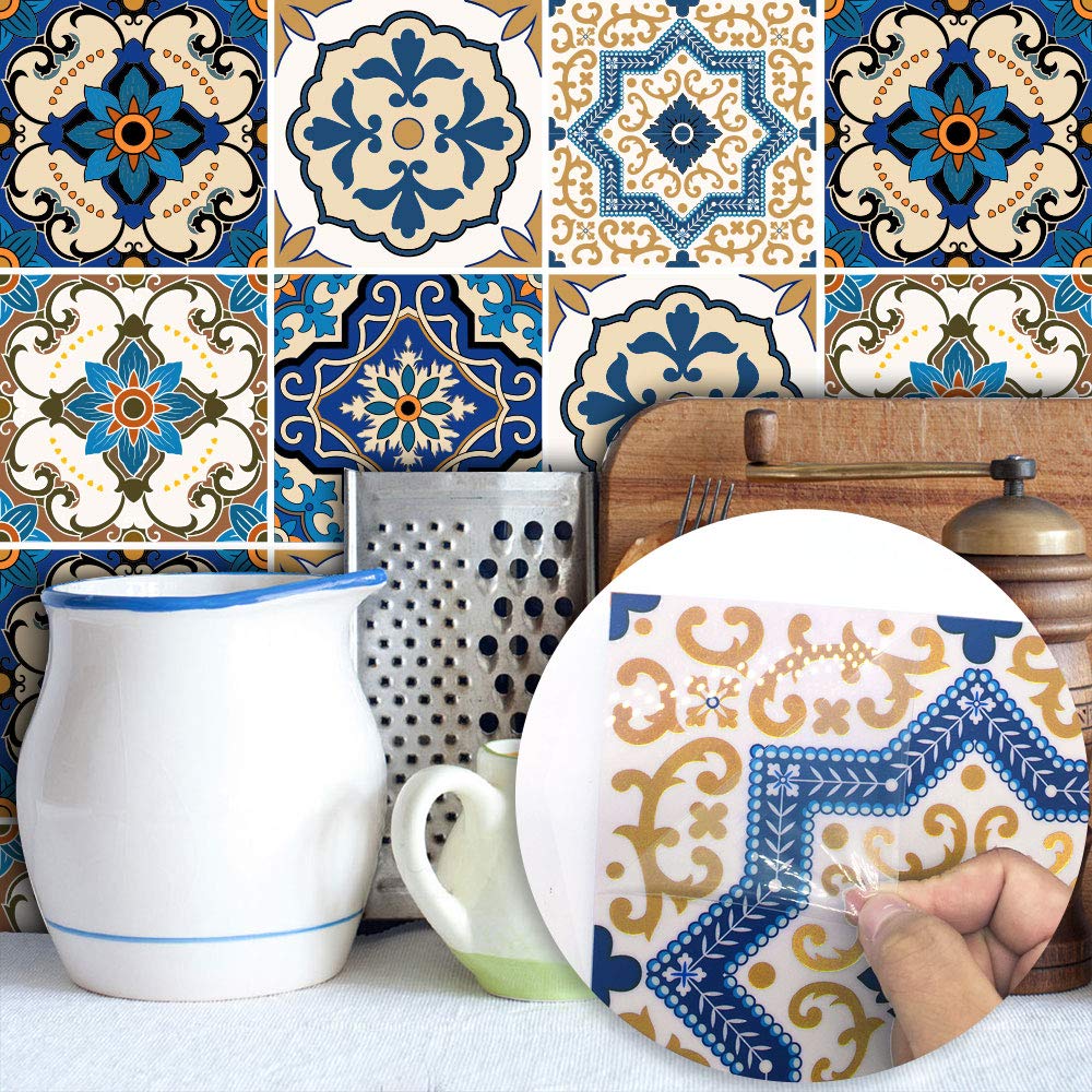 ENCOFT Topmail 24 Pièces Stickers Carrelage Auto-adhésif Imperméable en PVC Design de Carreaux de Ciment Autocollant Mural Décoratif pour Cuisine Salle de Bain (Style Marocain, 20x20cm)