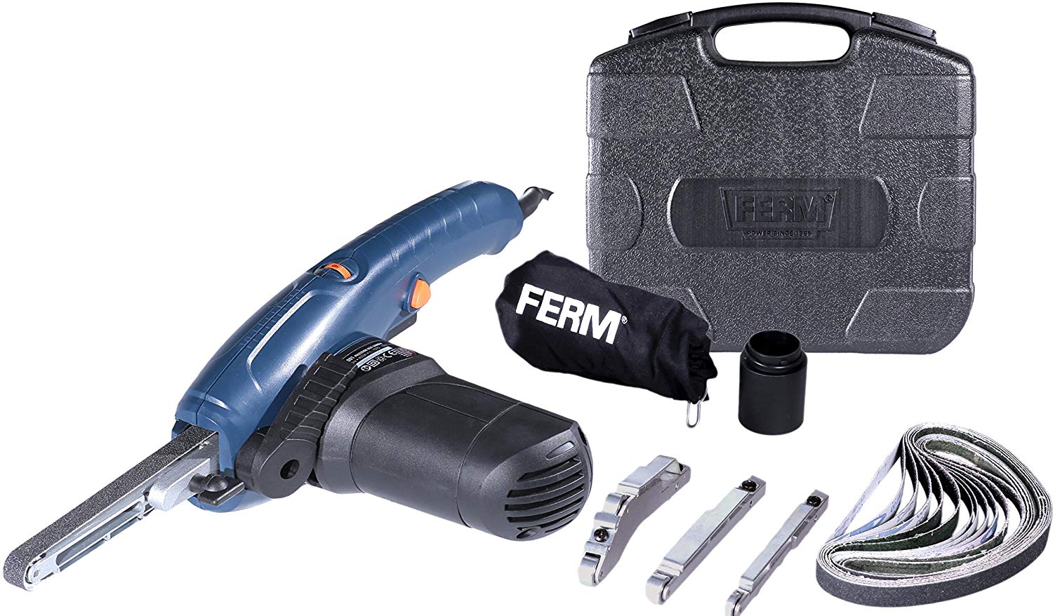 FERM Lime électrique 400W Incl. bras large 13mm, bras étroit 8mm, bras incliné 13mm, 12 bandes abrasives