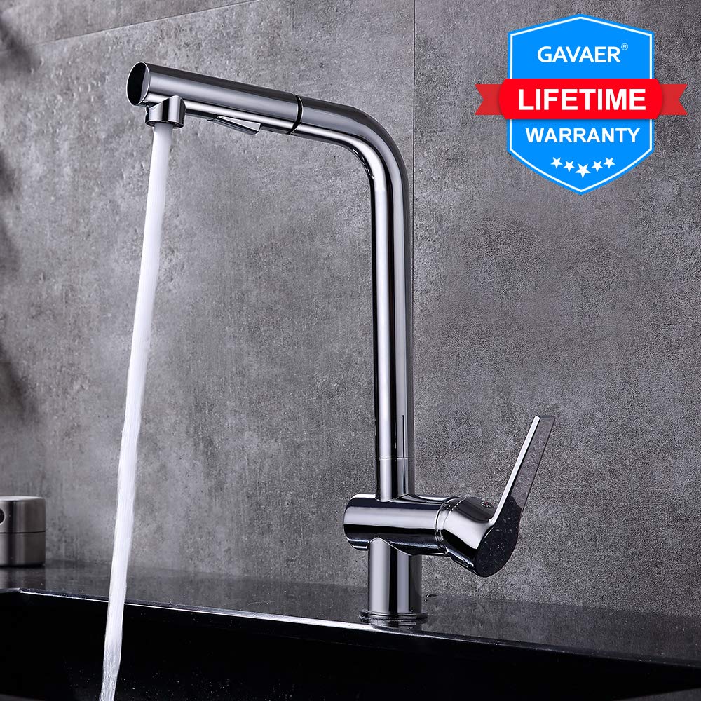 GAVAER Robinet de Cuisine, Dual Fonctions Extractible Mitigeur Cuisine, Pivotant à 360° Laiton Chromé Mitigeur Evier pour, Anti-corrosion et Anti-rouille, Froid & Chaud Disponible.