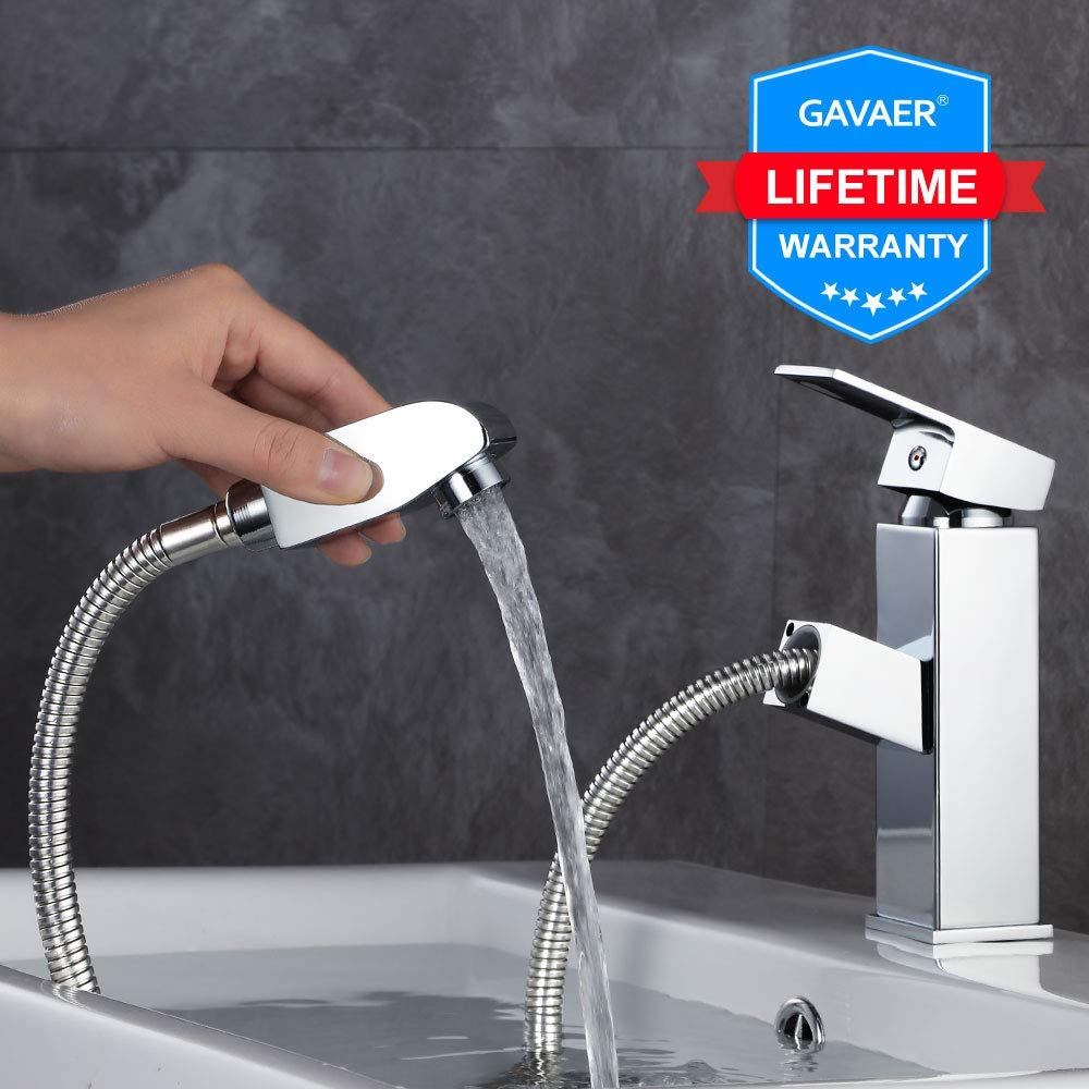 GAVAER Robinet Salle de Bain, Design Moderne Corps de Cuivre Robinet avec Douchette Extractible, Chaude et Froide Réglable Mitigeur Lavabo, Convient pour Salle Bain Lavabo ou Lavabo, Garantie à Vie.