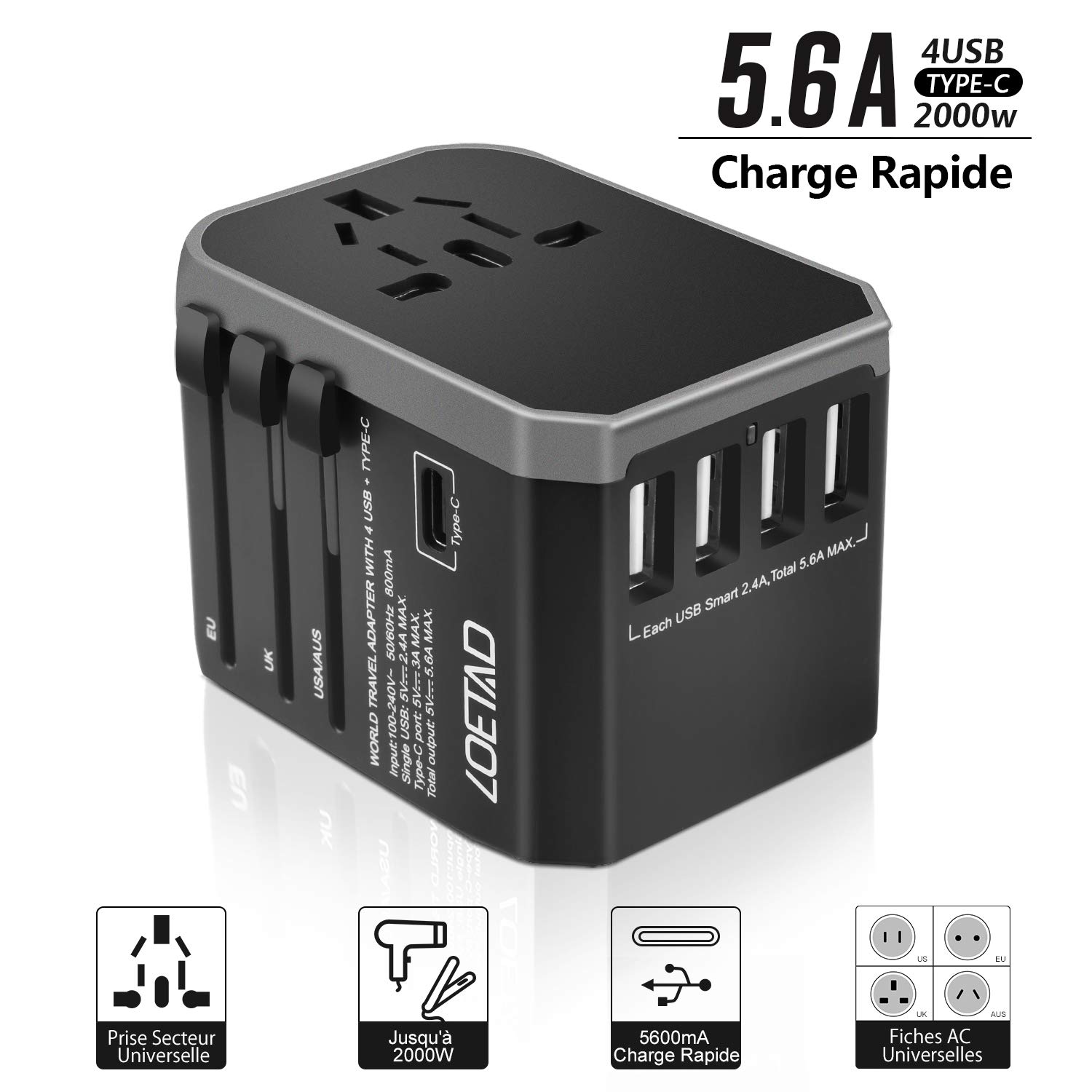 LOETAD Adaptateur Voyage Adaptateur Prise Universel avec 4 Ports USB 3.0 et 1 Prises Type C Convient à Un Équipement de 2000 W pour EU US UK AUS Plus de 150 Pays
