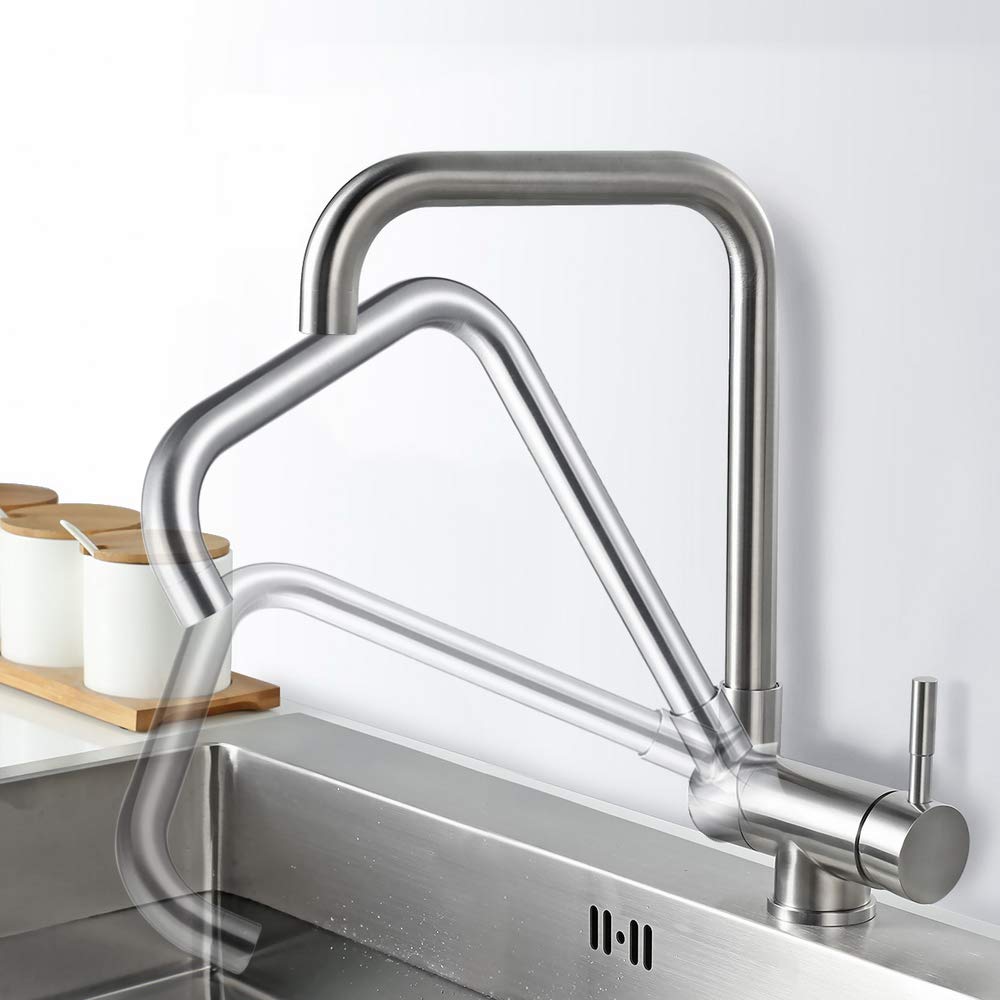Mitigeur Cuisine Rabattable,AiHom Robinet Cuisine Repliable Mitigeur d’évier Pivotant à 360° Robinetterie Cuisine en Acier Nickel Brossé pour Évier de Cuisine Pliable pour Fenêtres