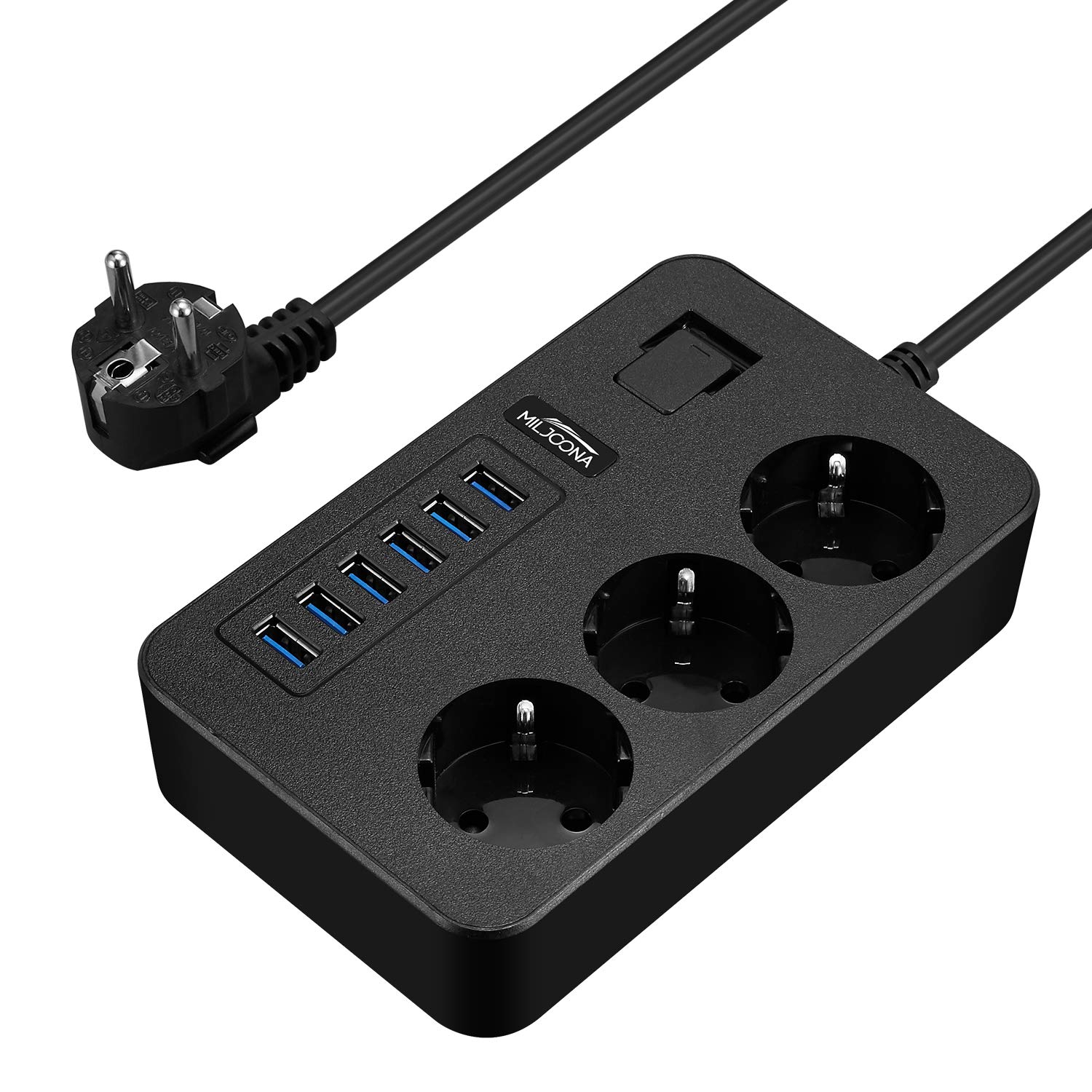 Multiprise USB, Multiprise Parasurtenseur Parafoudre 3 Prises avec 6 Ports USB (3.1A), 3000W Multiprise Parafoudre et Surtension, 2M-Noir