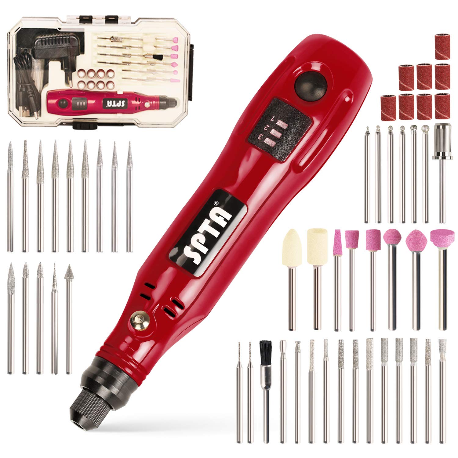 Outil Rotatif Mini, SPTA MRT55DC 3.7V DC sans Fil / 3 Vitesses Rotatives/Protection Contre Les Surcharges / 55 Accessoires/Micro USB/Batterie au Lithium/Sculpter/Polir