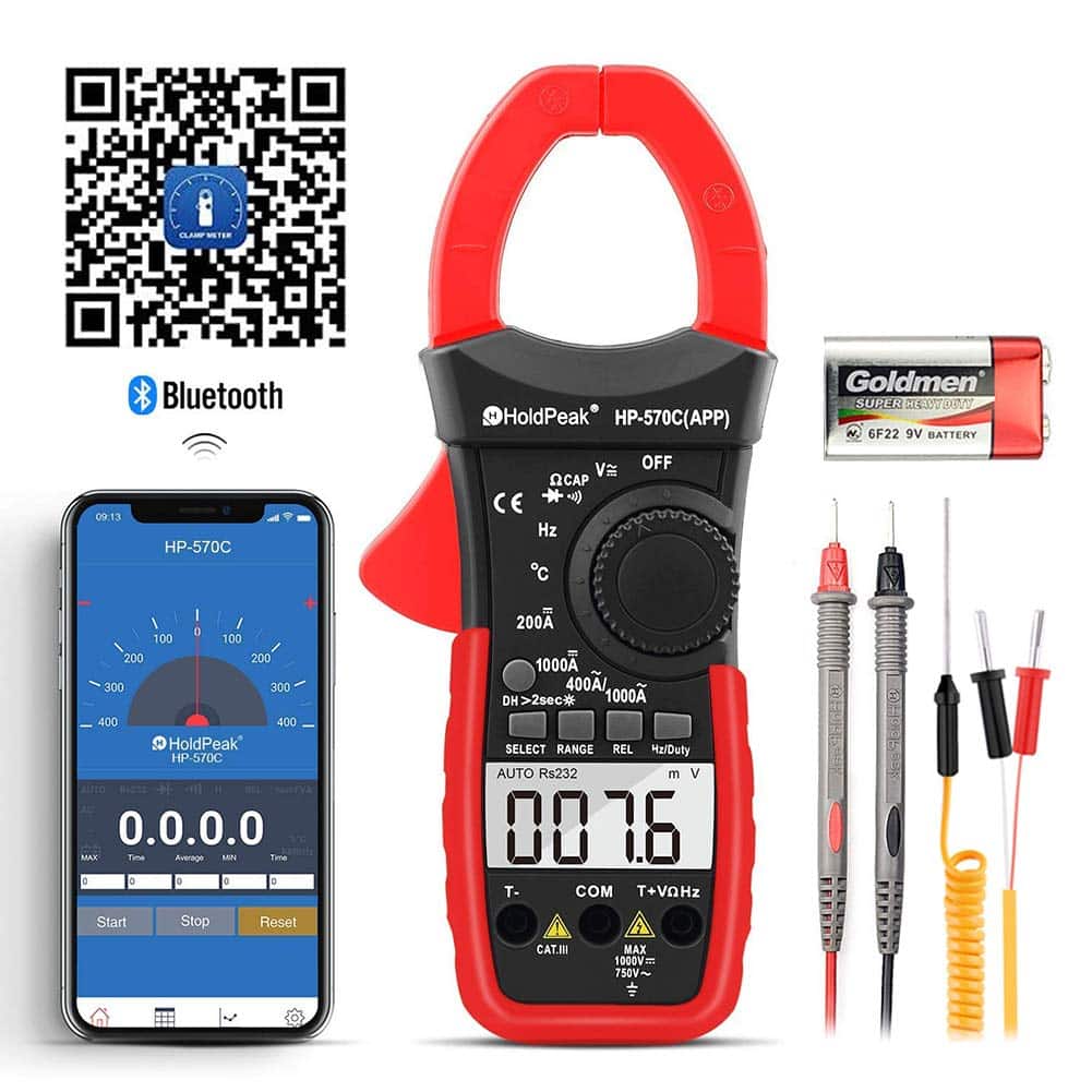 Pince Ampèremétrique HOLDPEAK-570C-APP , Pince Multimètre Numérique,Testeur d’Ohm en Volt, 4000 Compteurs avec Plage Automatique, Courant AC/ DC, Tension, Résistance, Capacité, Température