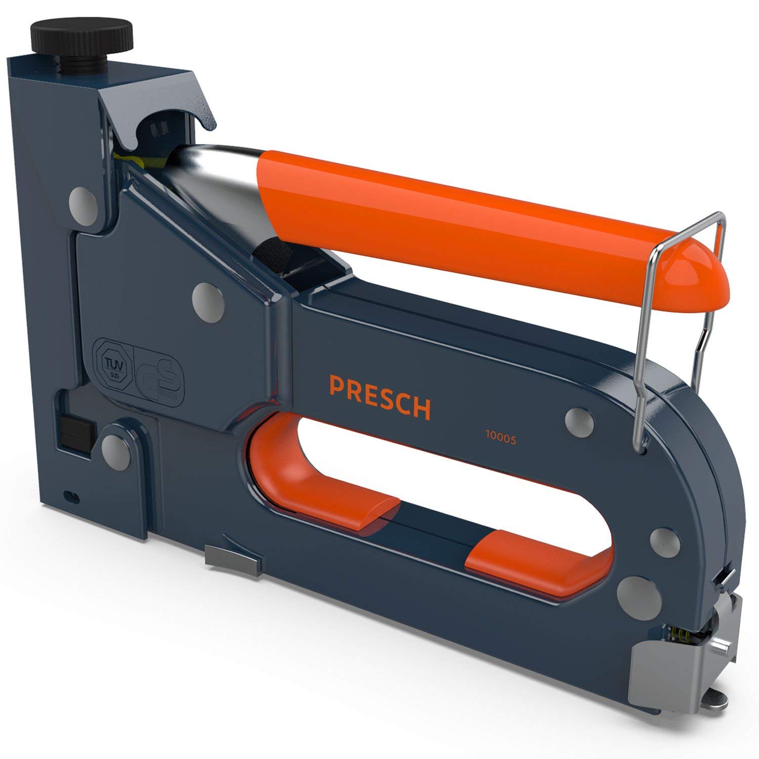 Presch Kit agrafeuse manuelle certifié TÜV GS – Pistolet avec assortiment de 600 agrafes pour le bois, le tissu, l’ameublement et papier goudronné – Outil professionnel