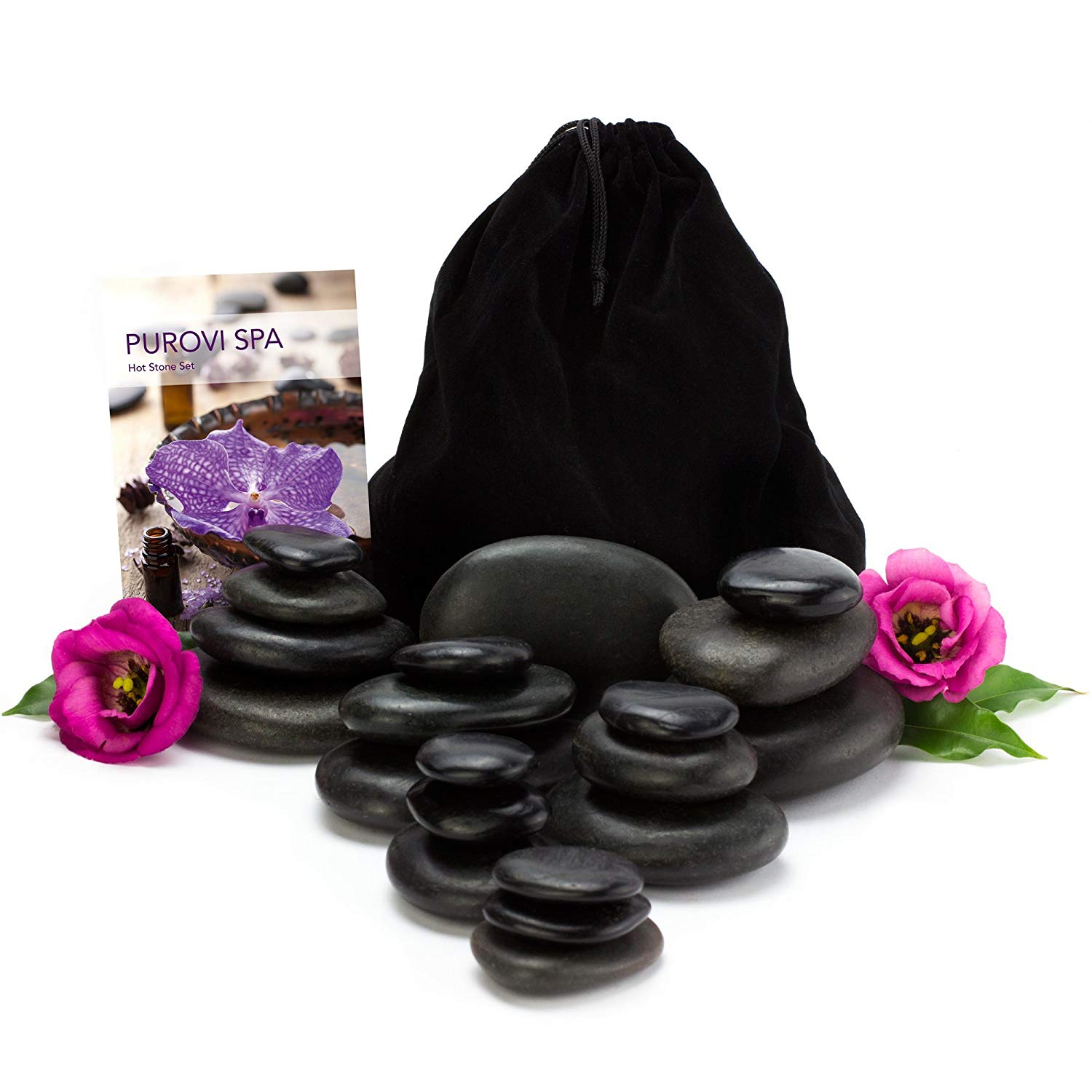 PUROVI Spa Pierres chaudes pour massage | 20 pierres naturelles dans un sac en velours | Pierres de basalte | Ensemble Wellness