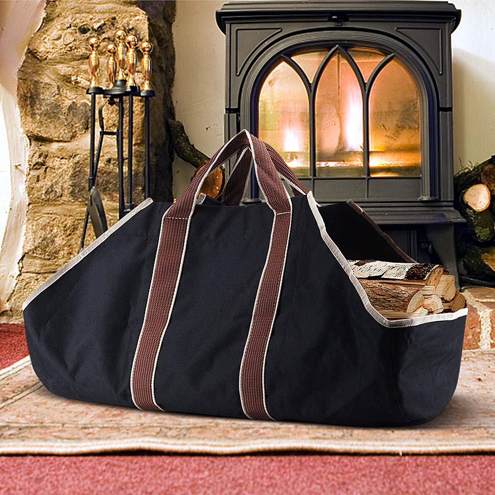 Sac de transport d’extérieur en toile, supports de rangement pour sac de rangement pour le bois de chauffage de cheminée, supports de bûches de grande capacité, noir