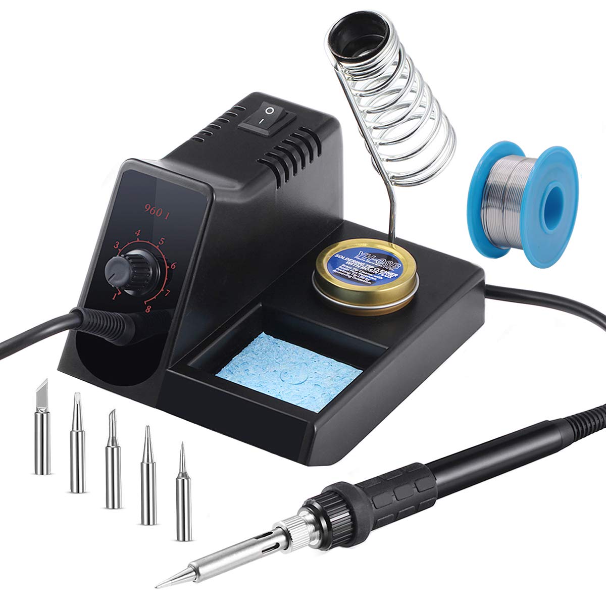 Station de Soudage, LYLIN 60W Station Fer à Souder 90℃ – 480℃ Température Réglable Station de Souder Professionnel (5 Pointes à Souder + 0,8mm Fil de Soudure)
