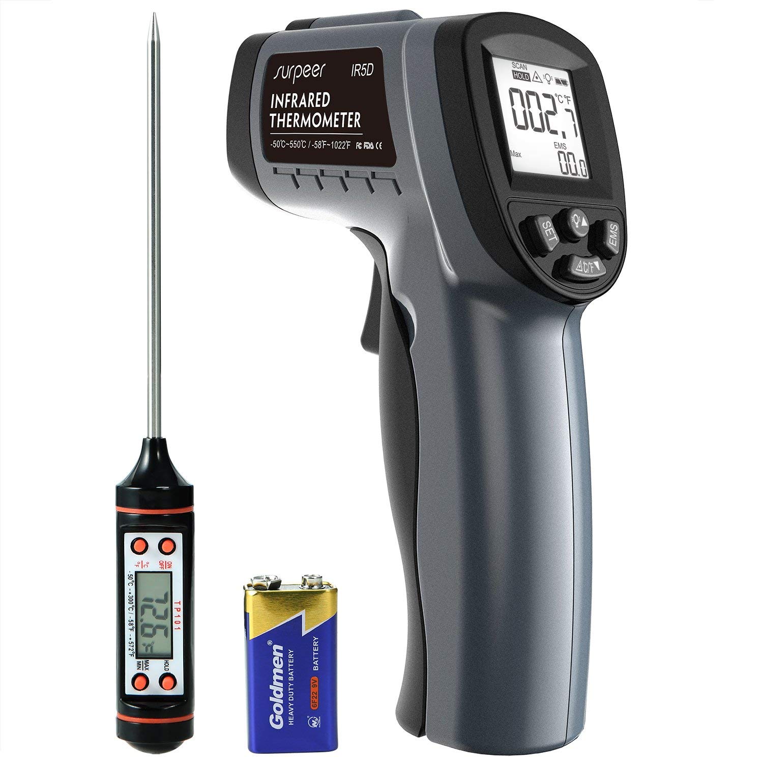 Thermomètre Infrarouge, SURPEER IR5D Pistolet Laser Temperature de -50°C~550°C(-58 ℉ ~ 1022 ℉) Emissivité Réglable(0.1~1.0)- avec Ecran LCD Rétroéclairé,Pile fournie, Garantie 2 Ans