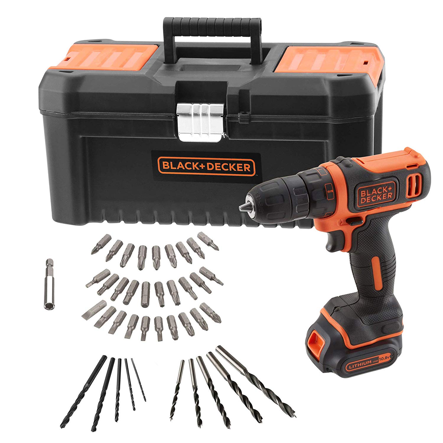 BLACK+DECKER BDCDD121KA-QW Perceuse-Visseuse sans fil – 1 batterie – 26 Nm – 40 accessoires – Livrée en boite à outil, 10.8V