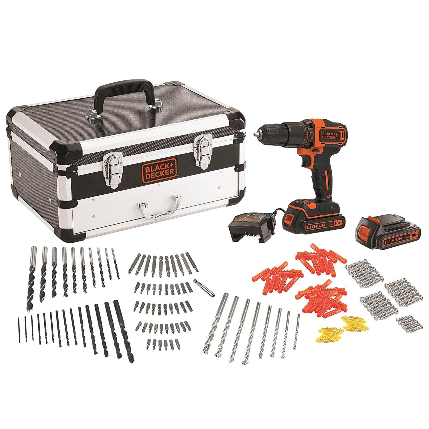 BLACK+DECKER BDCHD18AS2F-QW Perceuse à percussion sans fil – 40 Nm – 21 000 cps/min – 2 vitesses – 200 accessoires – Livrée en malette de rangement premium, 18V, 2 batterie