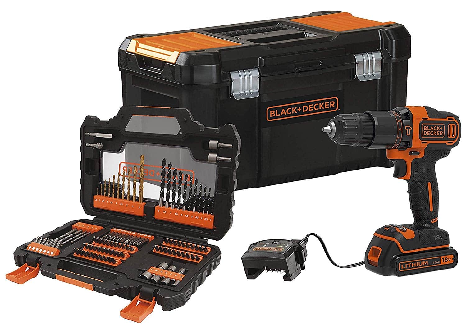 BLACK+DECKER BDCHD18S1KA-QW Perceuse à percussion sans fil – 1 batterie – 40 Nm – 21 000 cps/min – 2 Vitesses – 104 accessoires – Livrée en boite à outil, 18V