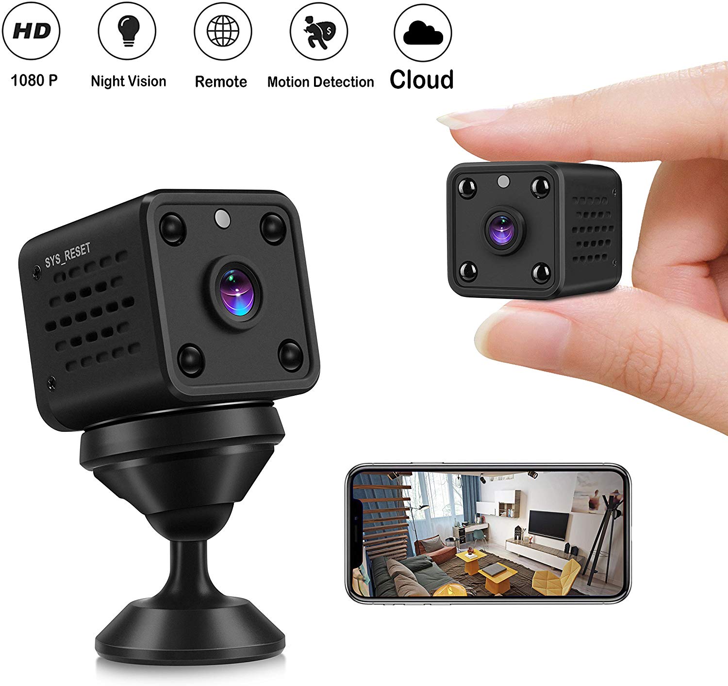 Caméras Espion – CUSFLYX Cloud Mini 1080P HD WiFi Sans Fil Caméras Détection de Mouvement IR Nuit Nourrice Animaux Bureau Sports Sécurité Moniteur 150° Grand angle pour iOS/Android(2.4G Only)
