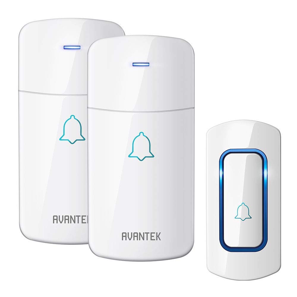 Sonnettes Sans Fil AVANTEK D-3E Carillon de Porte à 400 Mètres Kit de Carillon Étanche avec 2 Récepteurs Enfichables et 52 Mélodies pour Maison, Bureau, Hôtel, et etc (Blanc)