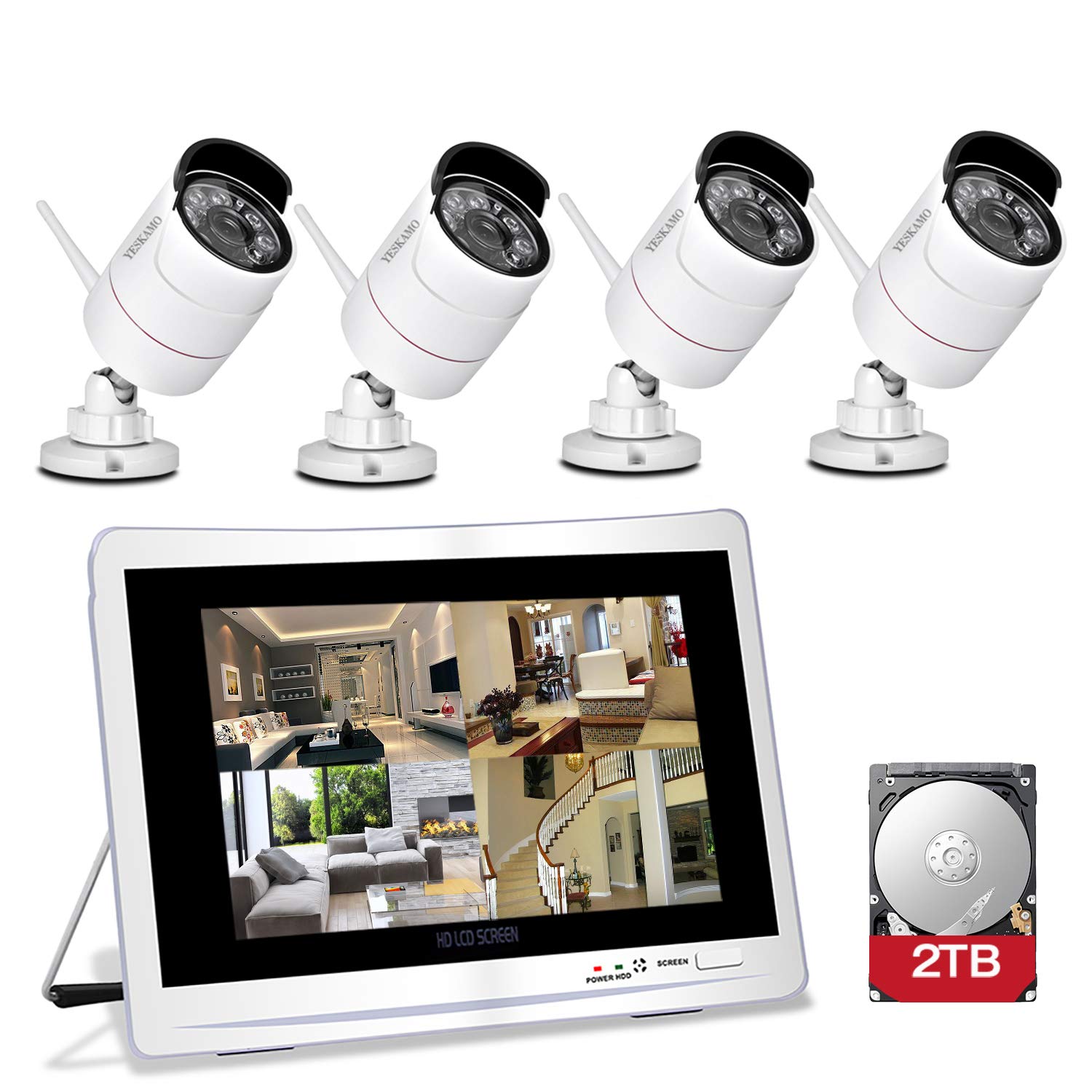 YESKAMO 1080P Système Caméra de Sécurité sans Fil Extérieur et Intérieure Système Caméra de Surveillance sans Fil Vidéo Surveillance pour Maison (4pcs Cam+1080P 4CH Monitor+2TB)