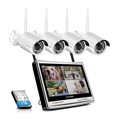 1080P Tout-en-Un Système de Caméra Sécurité sans Fil Jennov Kit de Vidéosurveillance WiFi 4CH WiFi NVR Enregistreur avec 12 Pouces LCD Ecran et 4Pcs IP Caméras, IP66 Etanche, 1TB Disque Dur Inclus