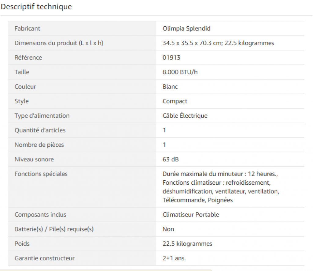  Fiche technique climatiseur olimpia splendid