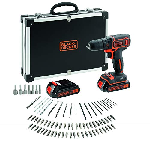 BLACK+DECKER BDCDC18BAFC-QW Perceuse visseuse sans fil - Chargeur inclus - 80 accessoires - Livrée en malette, 18V, Coffret, 2 Batteries