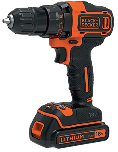 BLACK+DECKER BDCDD186K-QW Perceuse-Visseuse sans fil - 1400 trs/min - 2 vitesses, Noir, 1 batterie