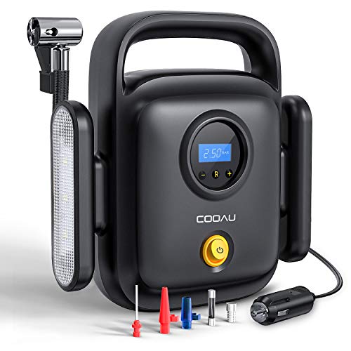 COOAU Compresseur d'air Portatif 12V 150PSI, Gonfleur Electrique avec Rechargeable d'Allume-Cigare, Compresseur Air Numérique LCD Écran, avec Lampe LED, Compatible avec Véhicules, Moto, Bicyclette