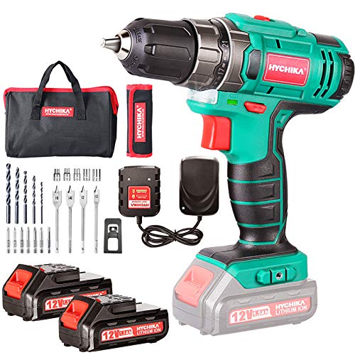 Perceuse Visseuse Sans Fil, HYCHIKA 2x1500mAh Batteries 12V Perceuse Electrique, 30Nm Percussion Sans Fil, 21+1 Réglages de Couple&2 Vitesses Visseuse Devisseuse Sans Fil, 22 Accessoires