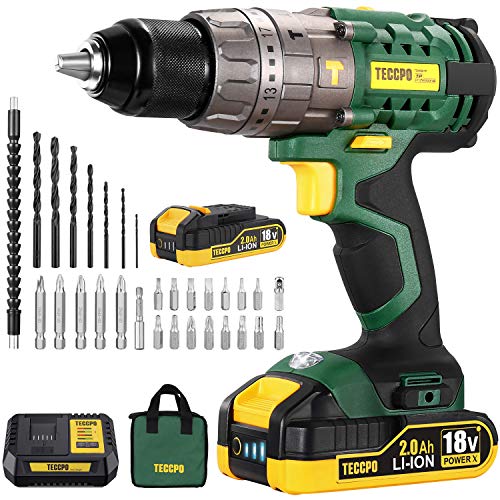 Perceuse Visseuse sans Fil, TECCPO 30min Rapide Chargeur(60Nm), 2×2.0Ah Batteries 18V, Perceuse a Percussion 13mm Mandrin Auto-bloquant, 29pcs Accesoires, Pochette de Rangement-TDHD01P