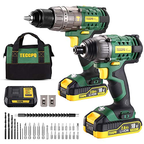 Perceuse Visseuse sans Fil, TECCPO 60Nm Perceuse a Percussion, Visseuse a Choc 180Nm, 18V, 30min Charge Rapide, 2 Batterie 2.0Ah, 29 Asseccoires, Vitesse variable - TDCK01P