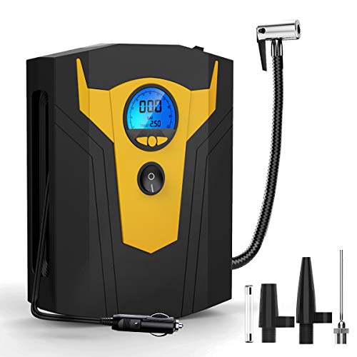 SKEY Compresseur Voiture 12v - Gonfleur 12v avec 4 Adapteurs, 150 PSI Compresseur d’Air Portatif 12V avec 3.75M Câble, LED, LCD Ecran