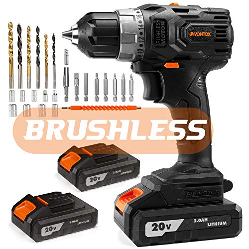 V VONTOX Perceuse Visseuse Sans Fil 20V, Brushless Visseuse Sans Fil avec 2 X 2000mAh Batterie Lithium, 60N.m Moteur Brushless & avec 28 pcs Accessoires Pour percer des Bois(35mm) /Acier(13mm)
