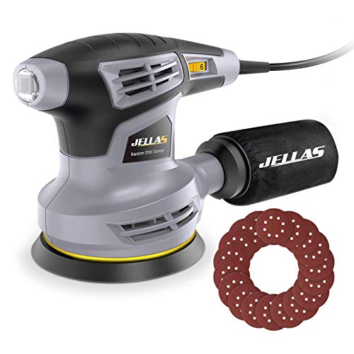 Ponceuse Excentrique 13000RPM - Jellas Ponceuse Orbitale avec Moteur en Cuivre et 6 Vitesses Variables, Fourni avec 12pcs 125mm Disque de Ponçage (Grain Abrasif de 80, 120, 240), Câble 3 Mètre